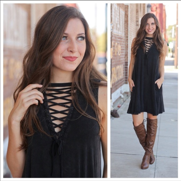 Dresses & Skirts - 1 LEFT‼️CHARCOAL BOHO LACE UP SWING DRESS